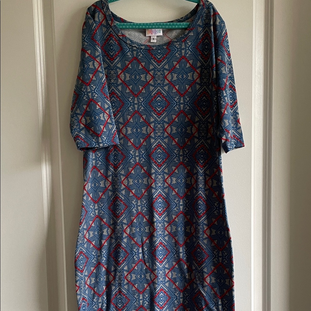 2for$20 LuLaRoe Julia Dress Geometric Pattern in Blue and Red